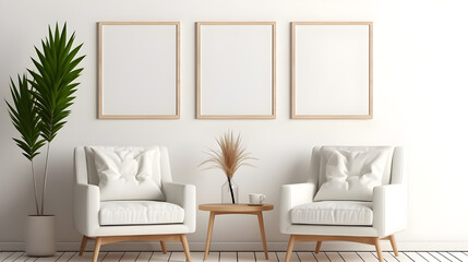 Blank horizontal poster frame mock up in Scandinavian style living room interior, modern living room interior background, beige sofa and pampas grass generated by AI.
