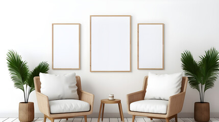 Blank horizontal poster frame mock up in Scandinavian style living room interior, modern living room interior background, beige sofa and pampas grass generated by AI.
