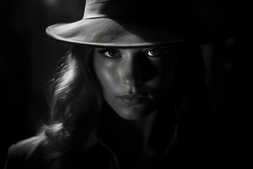 classic noir detective woman wearing fedora hat and trench coat in black and white film 