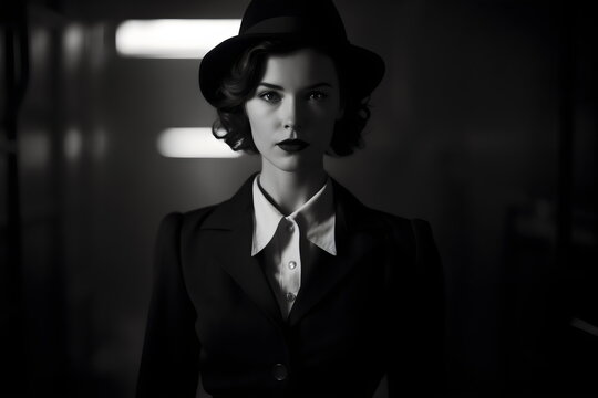 classic noir woman wearing hat and suit in black and white film 