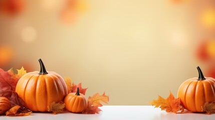 Festive autumn decor from pumpkins and leaves on blurry  lights on background 
