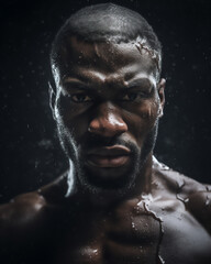 Close-up of a Sweaty Black Athlete, Boxer, Looking Serious and Handsome