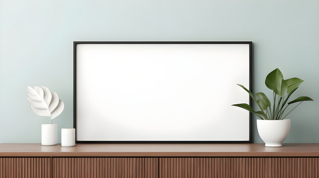 Blank picture frame mockup on a wall. Horizontal orientation. Artwork template in interior design generated by AI.