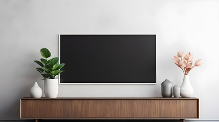 Blank picture frame mockup on a wall. Horizontal orientation. Artwork template in interior design generated by AI.