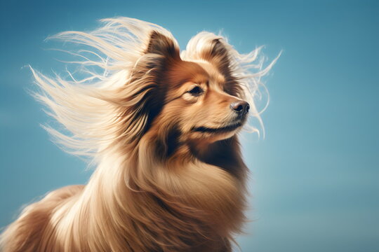 dog with long hair blowing in wind, isolated on plain blue studio background