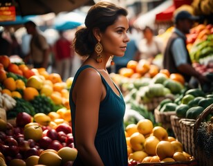 A woman walking through a busy market, buying fruits and vegetables at the market