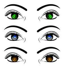 A set of eyes of different colors - blue, brown, green. In flat style. Vector illustration.