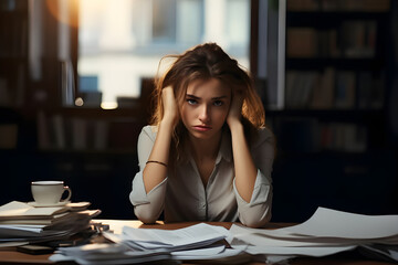 Stressed and burnout business woman worry about her work at office generated by AI.
