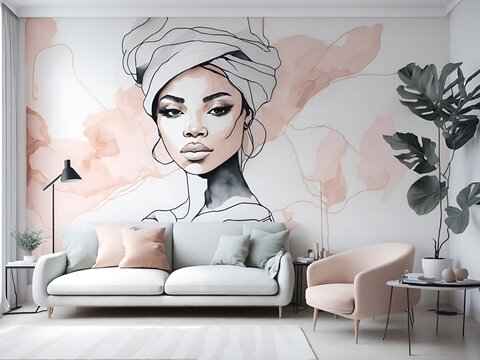 Stylish and Scandinavian living room interior of modern apartment with big portrait painting on the wall, abstract . Home decor