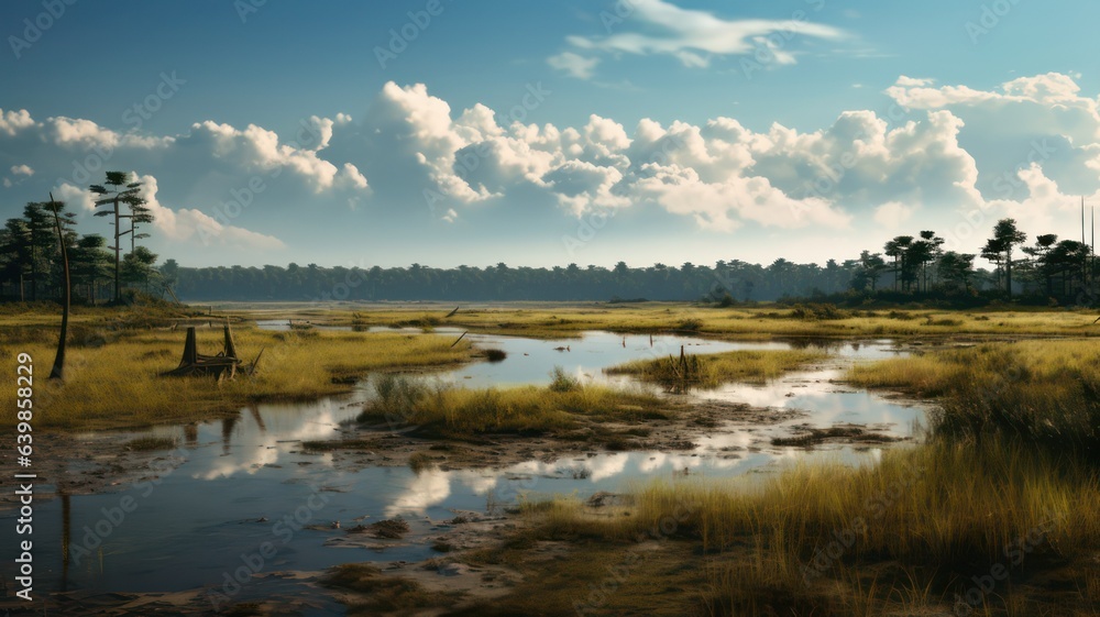 Poster marshland created with generative ai. lakes and grassland and a few trees.