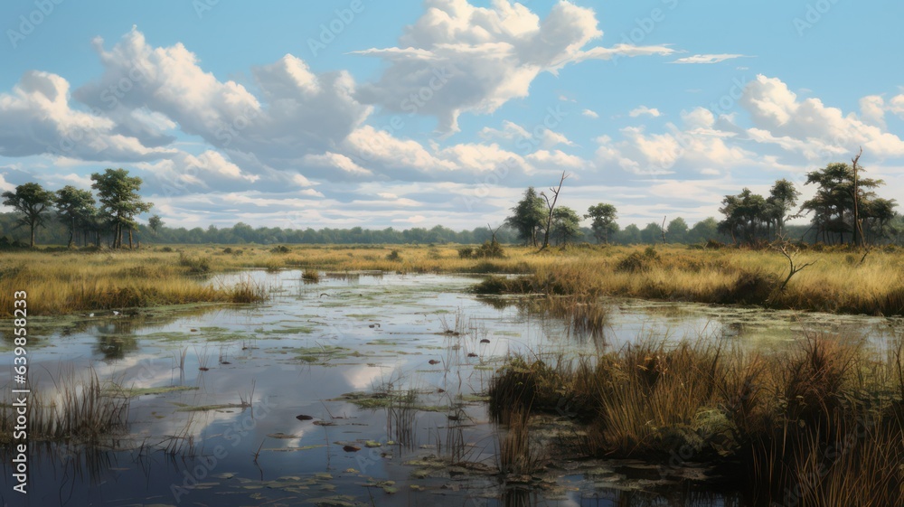 Aufkleber marshland created with generative ai. lakes and grassland and a few trees.
