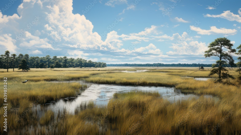 Poster marshland created with generative ai. lakes and grassland and a few trees.