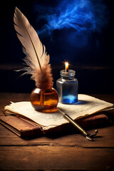 Handwritten letter, feather quill and an inkwell