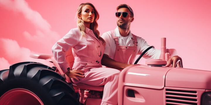 Couple in a pink tractor on pink background. . A man and a woman in a romantic relationship on a pink background.. Valentine's Day, Romance, and Love card