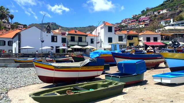 Romantic View of Colorful Boats in Camara de Lobos Harbor, Madeira, Portugal