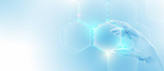 Hand holding a hexagon shape frame. Medicine and science, health care technology concept background. Vector illustration
