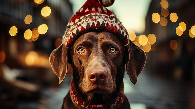 Funny pointer dog with christmas cap. Generative AI