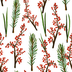 Seamless pattern with coniferous needles, branches of winterberry and Christmas tree. This combination of elements creates a unique composition for Christmas designs, gift packaging, printed products