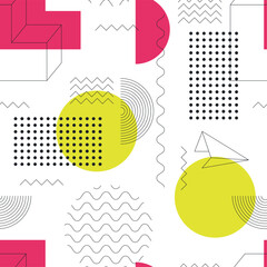 Universal Trend Geometric Shapes with Bright Pink and Yellow Elements Vector Seamless Pattern