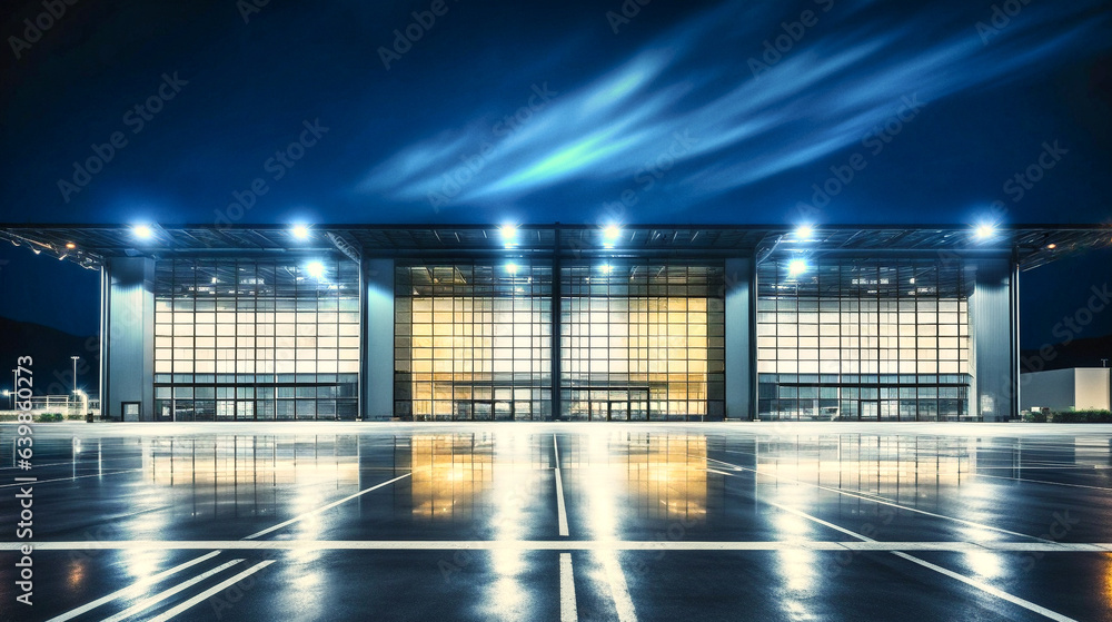 Wall mural modern big warehouse building facility exterior with windows at night