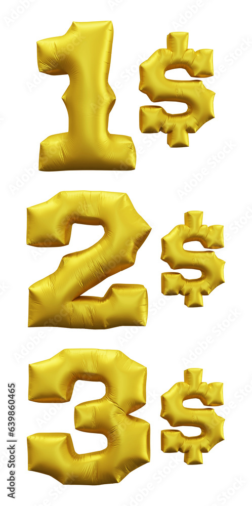 Poster set of golden dollar numbers in 3d rendering isolated on transparent background in balloon style for