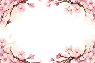 Beautiful Cherry Blossom flowers (Sakura) frame on white background. Watercolor illustration background,