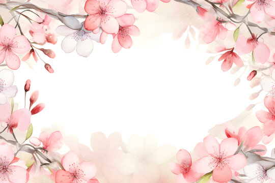 Beautiful Cherry Blossom flowers (Sakura) frame on white background. Watercolor illustration background