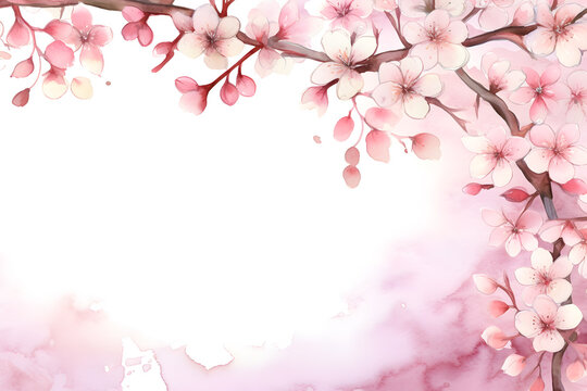 Beautiful Cherry Blossom flowers (Sakura) frame on white background. Watercolor illustration background