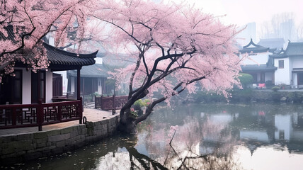 spring landscape with sakura in pink flowers landscape in an ancient Chinese city with a canal and a river.