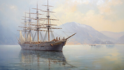 Obraz premium brigantine ship sailboat seascape drawing art.