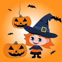 halloween pattern illustration. Witch girl with pumpkins and bats on an orange background. Vector illustration.