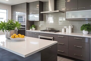 Modern Gray Kitchen with Dark Gray Cabinets, White Quartz Countertops, and Glossy Gray Linear Tile Backsplash