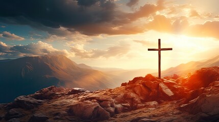 Jesus Christ Cross: Resurrection and Easter Concept with Dramatic Lighting. Christian Cross on Amazing Background of Colorful Mountain Sunset, Dark Clouds, Sky and Sunbeams - obrazy, fototapety, plakaty
