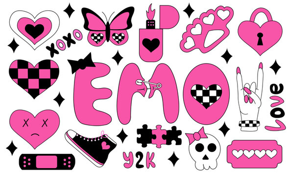 Set of emo elements. Y2k style. Hearts in chessboard, blade, Emo lettering, brass knuckles, rock sign, sneakers, butterfly, skull, lighter. Black and pink. Vector flat illustration.