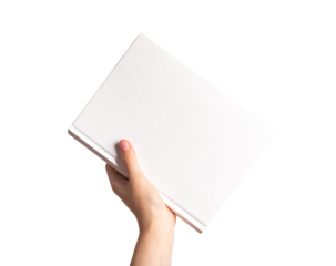 Hands holding closed book cover mockup, blank hard back, hardcover mock-up isolated on white background