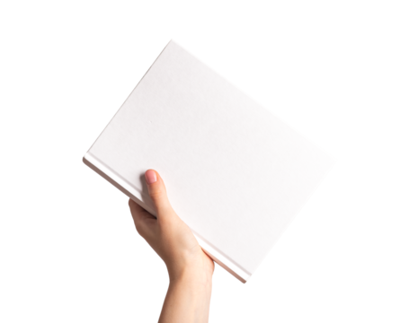 Hands holding closed book cover mockup, blank hard back, hardcover mock-up isolated on white background