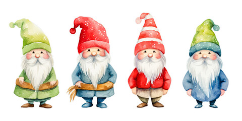 Set of watercolor cute scandinavian gnomes