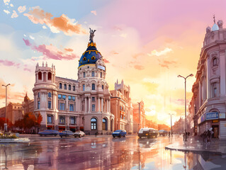 Fototapeta na wymiar Golden sunset on city streets, historic buildings bathed in warm light.