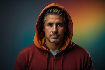 Fototapeta premium Portrait of man in hoodie sweater on color background