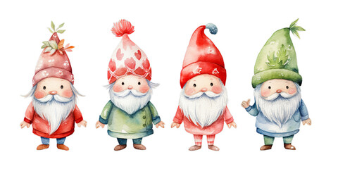 Set of watercolor cute scandinavian gnomes