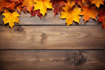 Obraz premium Autumn concept: Fall background with maple leaves on wood, with space for text