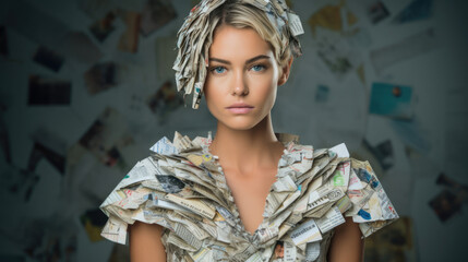 woman portrait in recycle clothes for environment protection concept