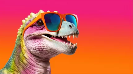 Tuinposter cartoon character dinosaur head wearing tinted glasses © Светлана Канунникова
