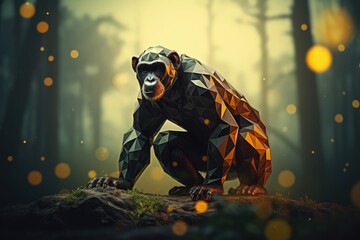 Portrait of chimpanzee made of polygonal shapes. AI generative art