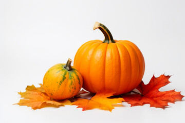 Autumn concept: fall coloured leaves and pumpkin