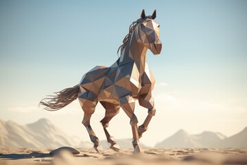Portrait of horse made of polygonal shapes. AI generative art