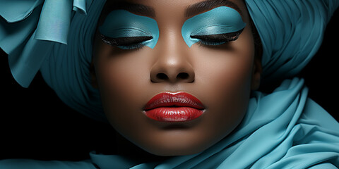 Afroamerikanisch schönes Model Gesicht einer Frau in türkis Turban und grandioser Visagistik Nahaufnahme als Poster im Querformat für Banner, ai generativ