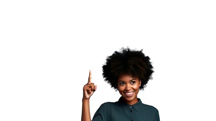 Horizontal shot pleased dark-skinned woman with afro hair, points her finger at a free promotional space. People, advertising concept. 0