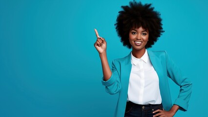 Horizontal shot pleased dark-skinned woman with afro hair, points her finger at a free promotional space. People, advertising concept. 4