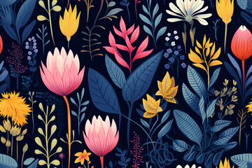 botanical illustrations featuring various plant and floral elements, nature-inspired designs, bold and colorful seamless pattern